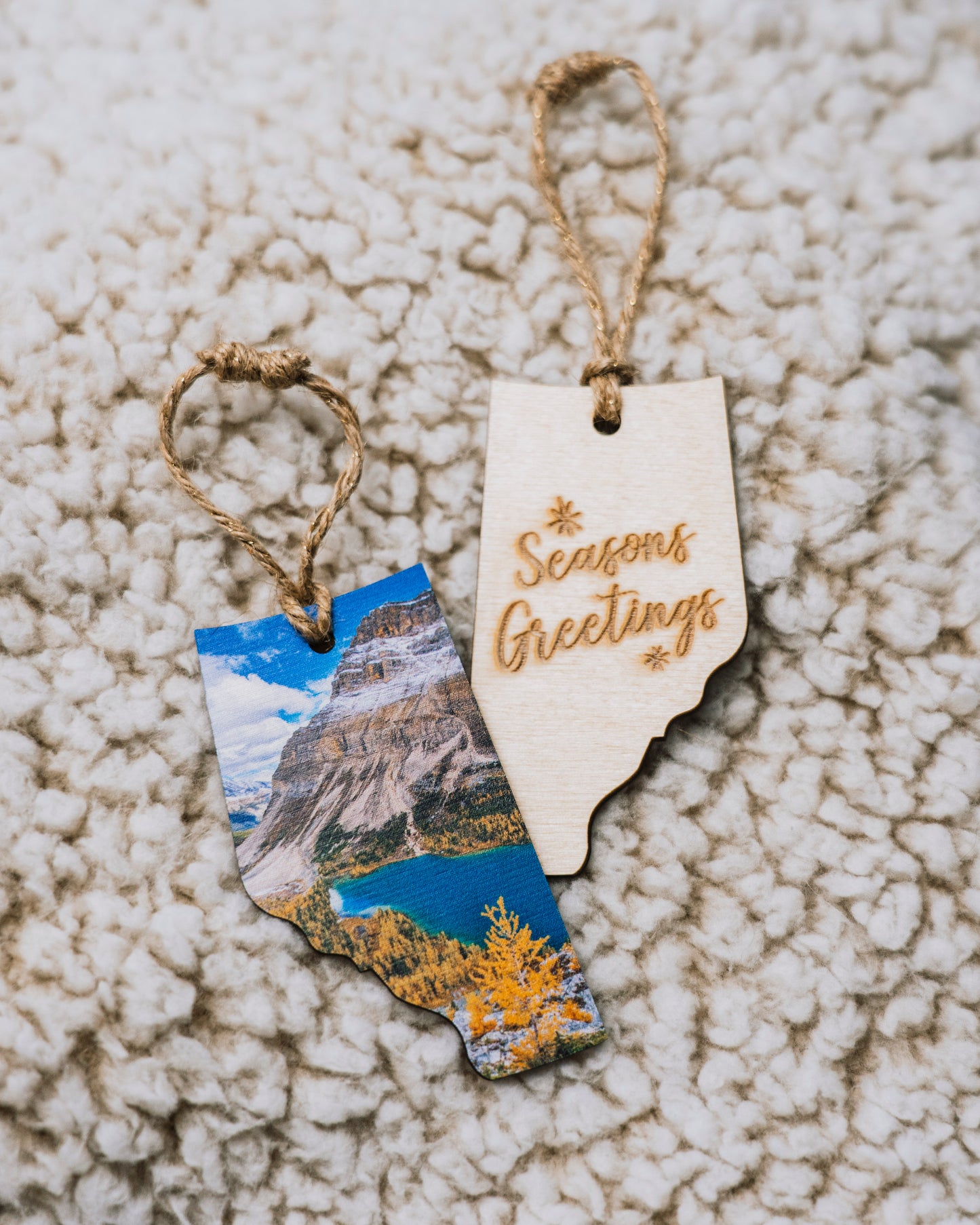 Alberta Wooden Holiday Ornament Seasons Greetings Larch Trees in Autumn