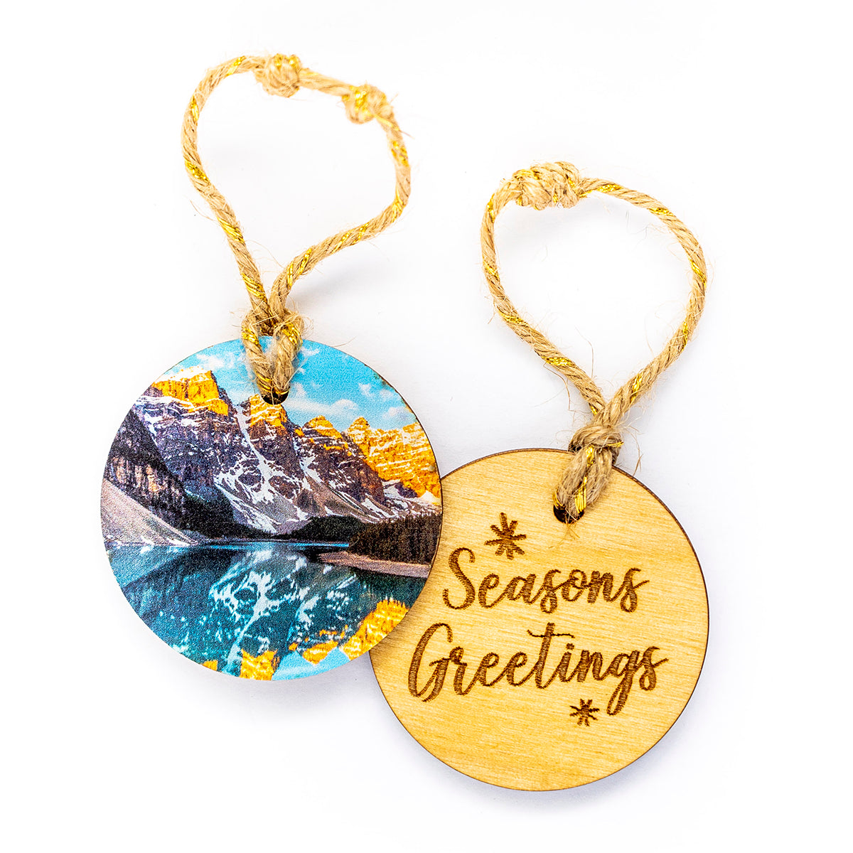 Circle Wooden Holiday Ornament Seasons Greetings Moraine Lake