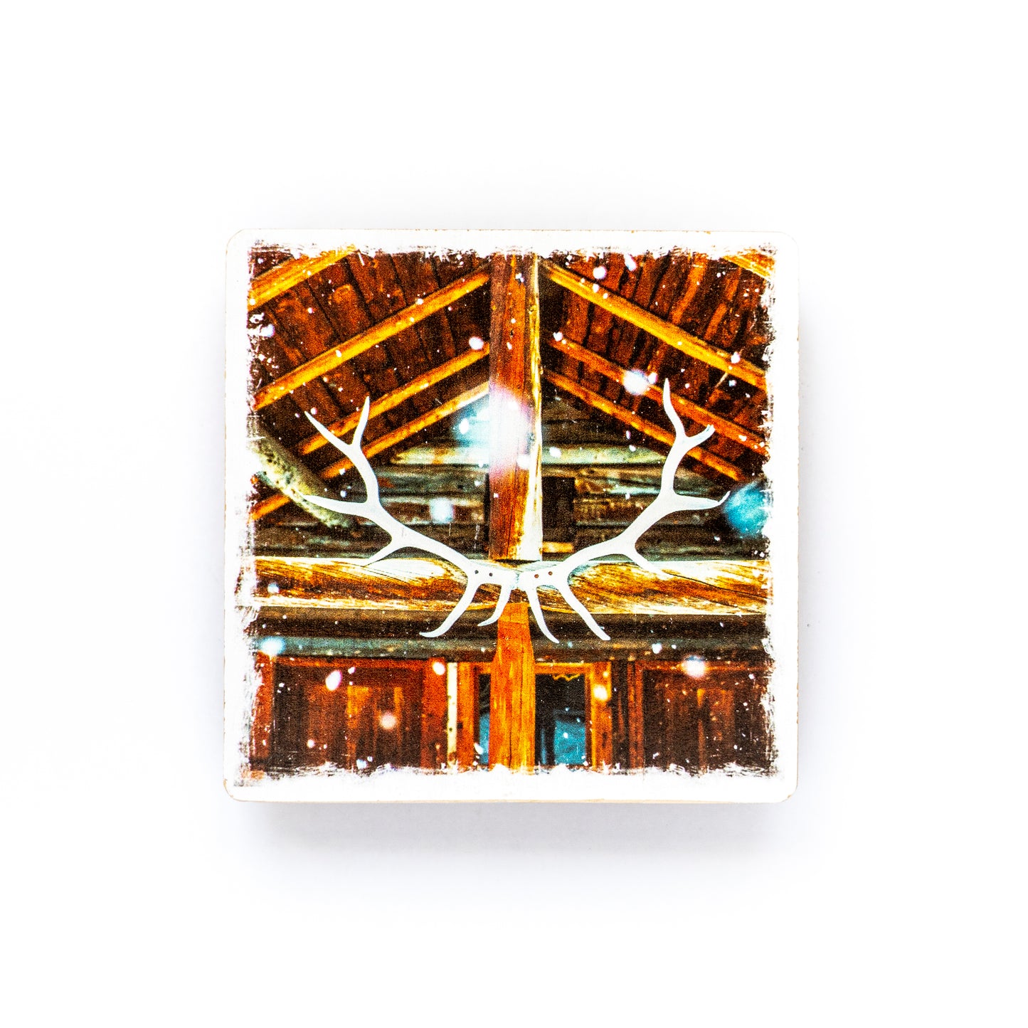 Log Cabin & Elk Rack Banff National Park Birch Wood Photo Coaster