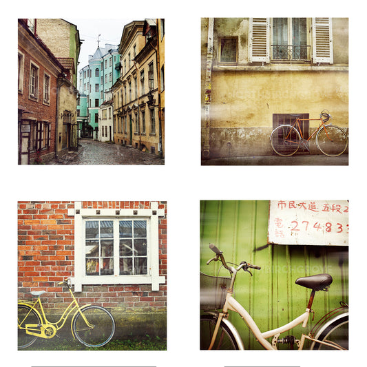 Metallic Mini Magnet Set of 4 <br> Bicycles + Cobblestone Streets