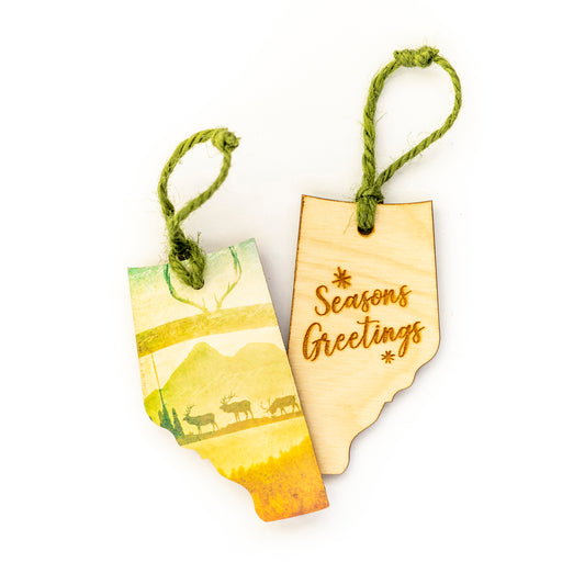 Alberta Wooden Holiday Ornament Seasons Greetings Ranch at Sunset