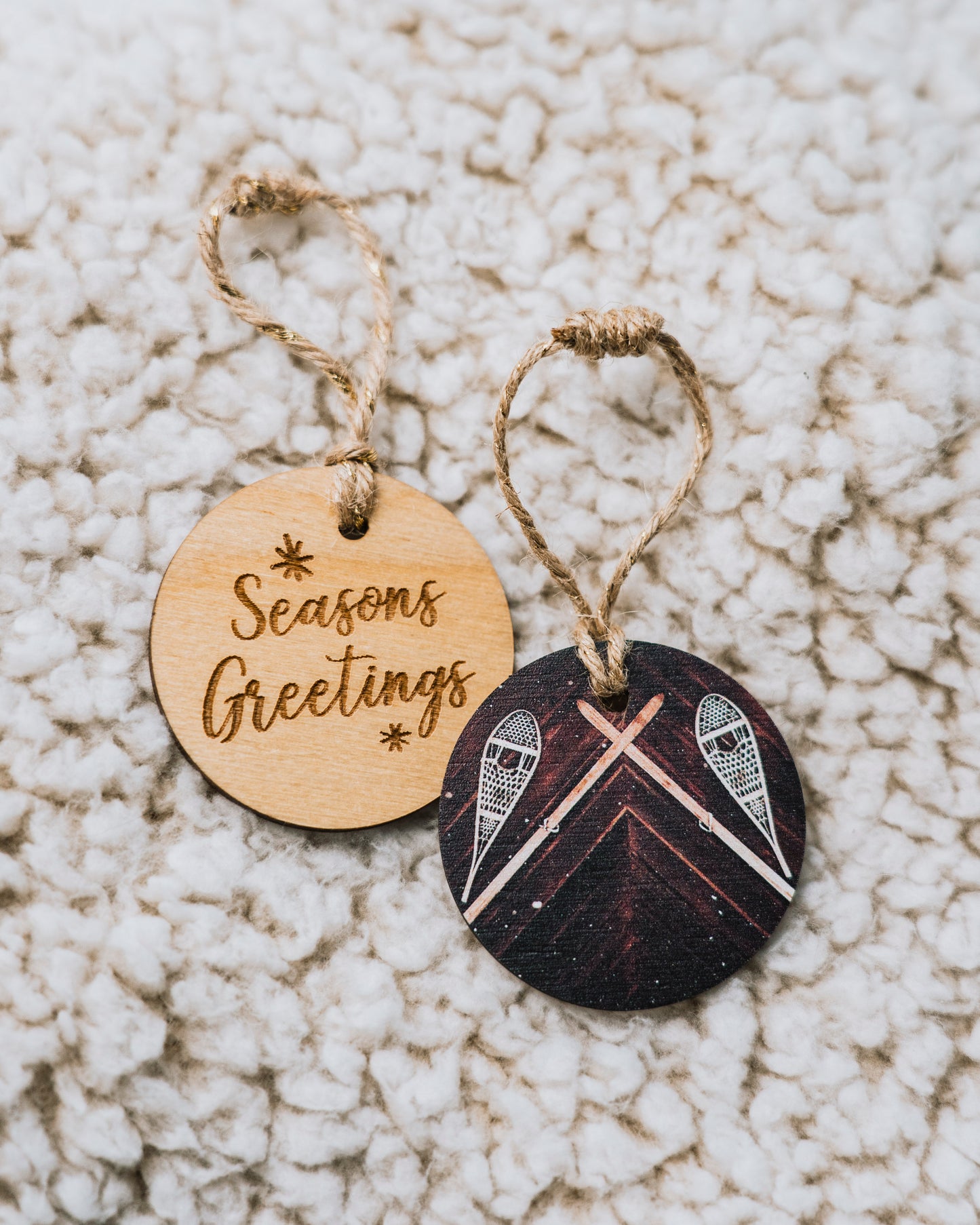 Circle Wooden Holiday Ornament <br> Seasons Greetings <br>Snowshoes