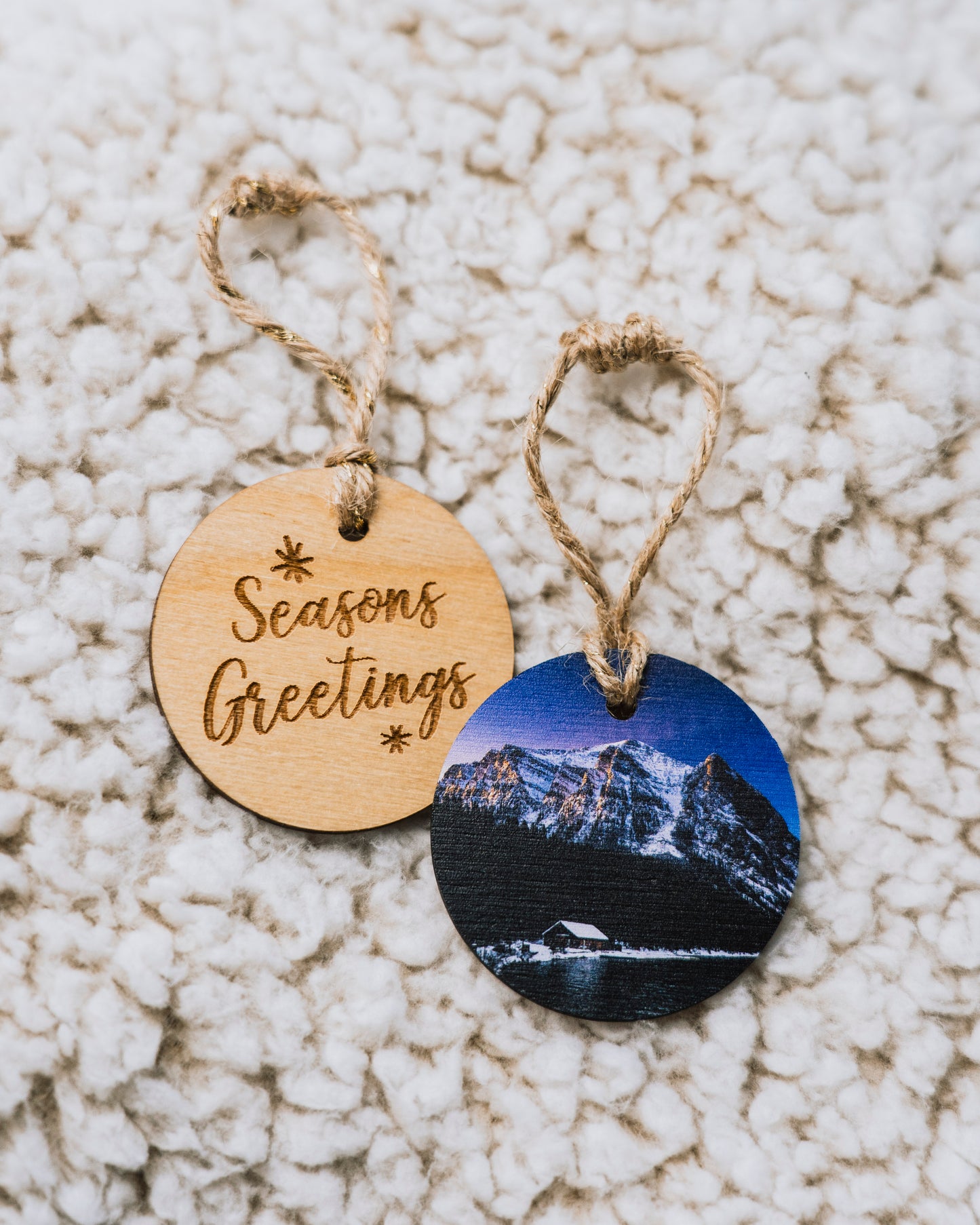 Circle Wooden Holiday Ornament <br> Seasons Greetings <br>Lake Louise in Winter