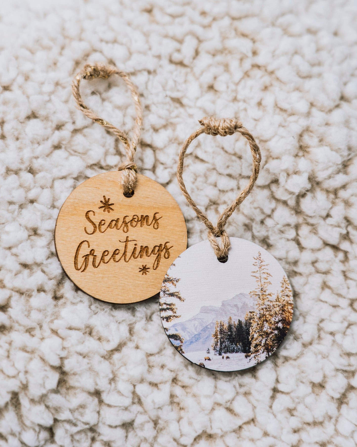 Circle Wooden Holiday Ornament <br> Seasons Greetings <br>Canmore Winter Sunrise