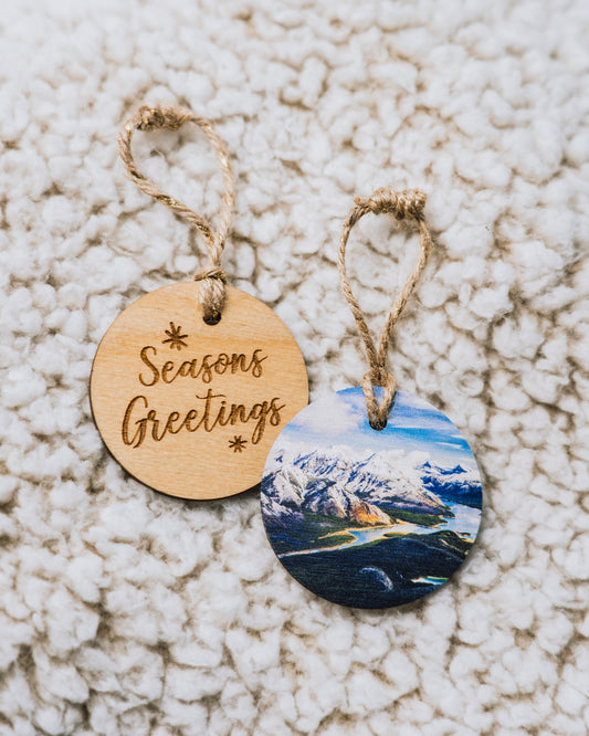 Circle Wooden Holiday Ornament <br> Seasons Greetings <br>Kananaskis Country Rocky Mountains