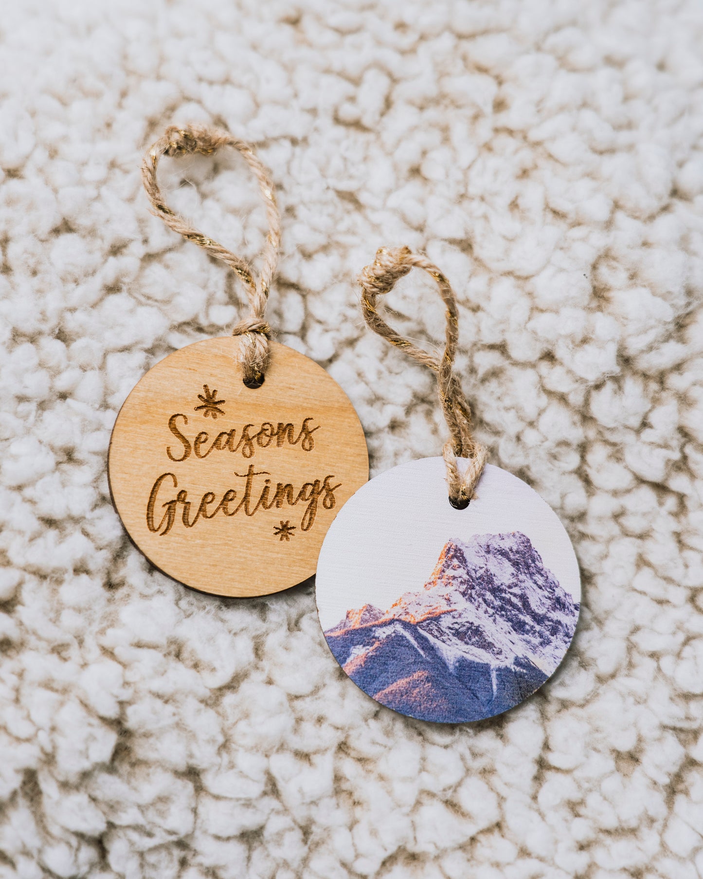 Circle Wooden Holiday Ornament <br> Seasons Greetings <br>Sunrise Over Canmore Rocky Mountains