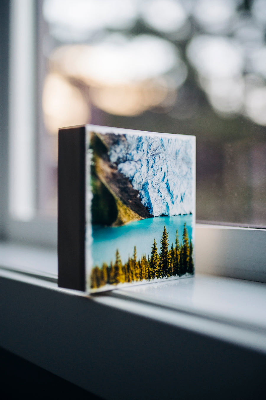 Berg Lake Mount Robson<br> 5x5" Signature Glossy Art Block  <br> New Pine Wood Edges