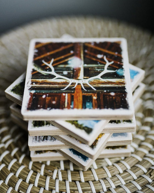 Log Cabin & Elk Rack Banff National Park Birch Wood Photo Coaster