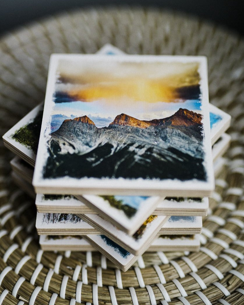 Three Sisters Mountains Birch Wood Photo Coaster