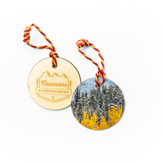 Circle Wooden Holiday Ornament <br> Canmore Alberta <br> Aspens in Autumn Snowfall
