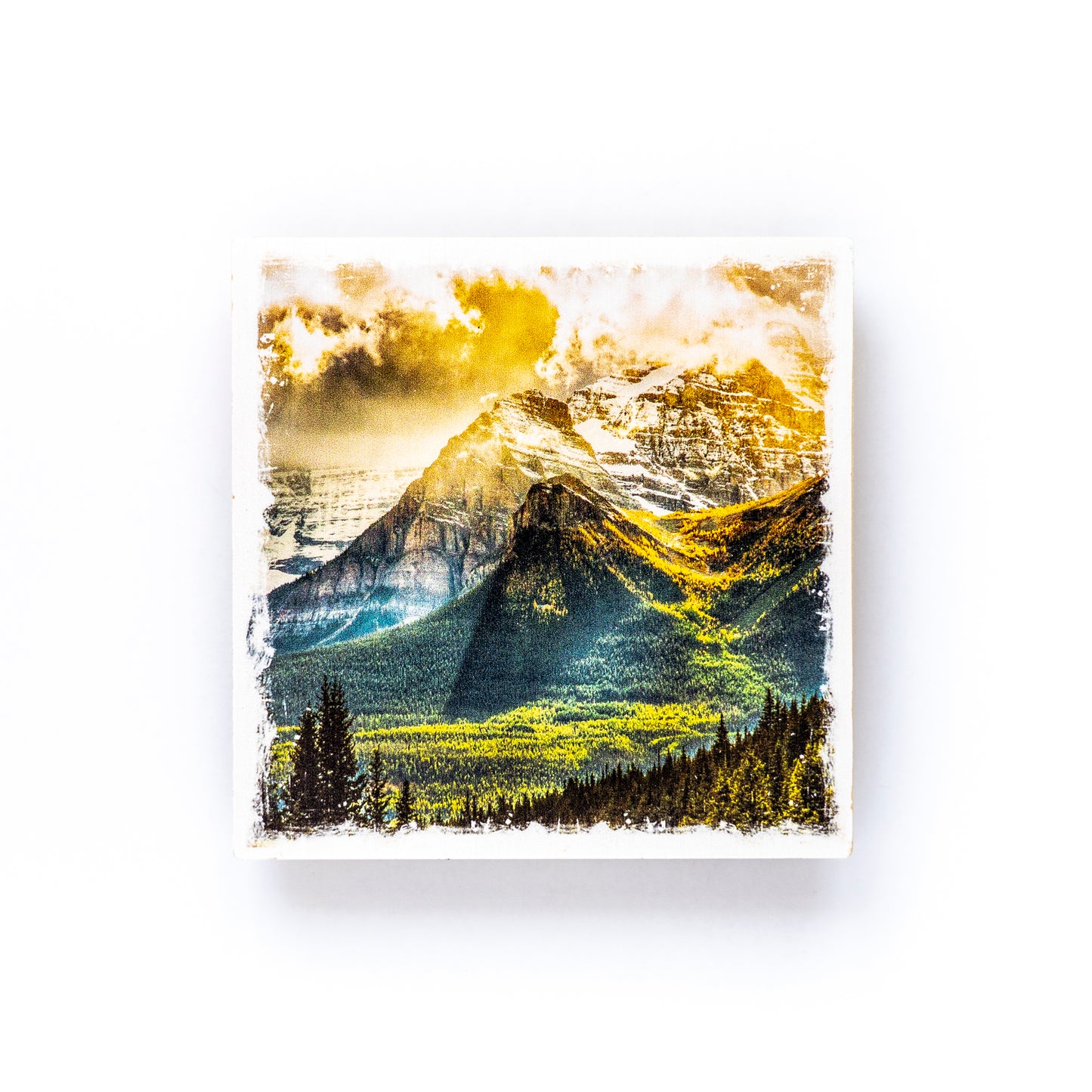 Posavasos con fotografías de madera de abedul del Monte Temple y el valle del Alerce Parque Nacional Lake Louise Banff