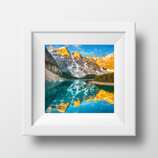 VENTA Impresión en papel metálico de 12x12"<br> Lago Moraine Primavera Amanecer Parque Nacional Banff