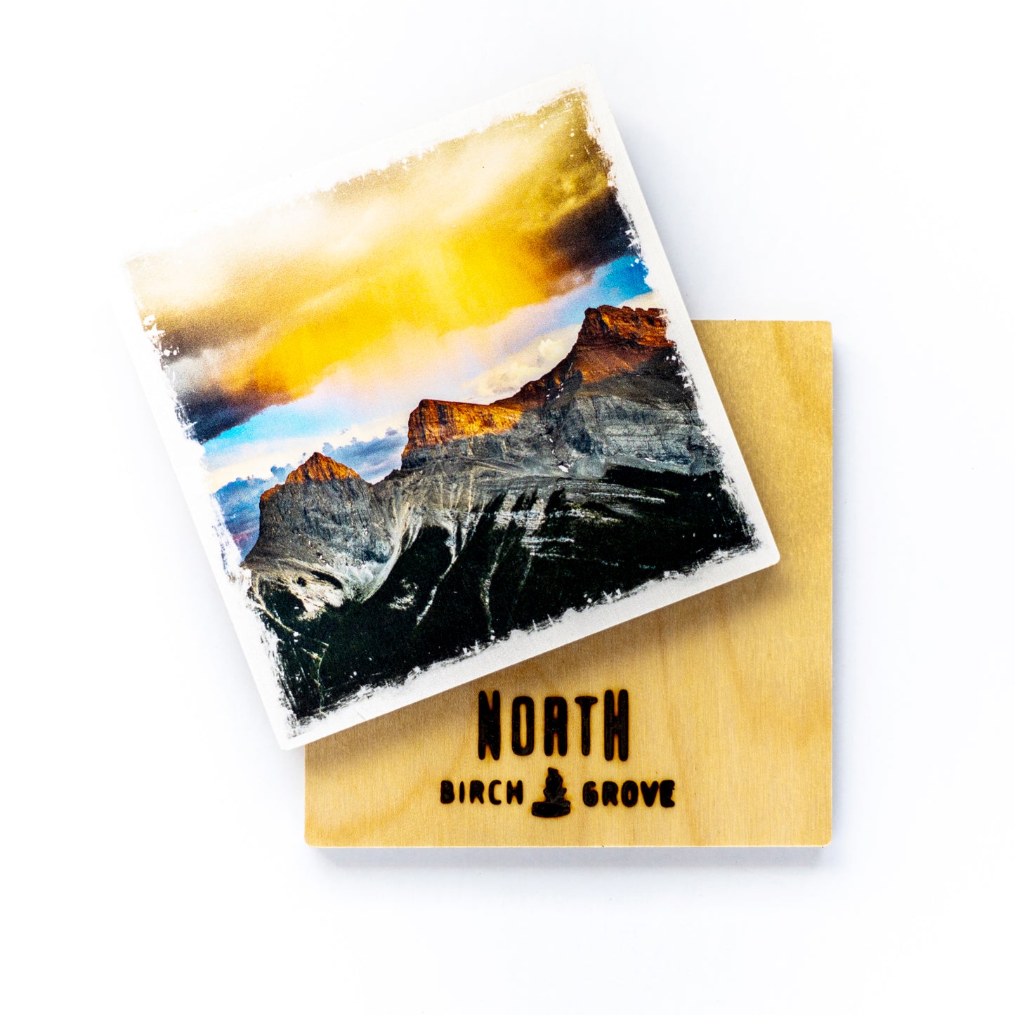 Posavasos fotográfico de madera de abedul del Parque Nacional Yoho de las Montañas Rocosas canadienses del lago McArthur, acabado mate de 4x4 pulgadas