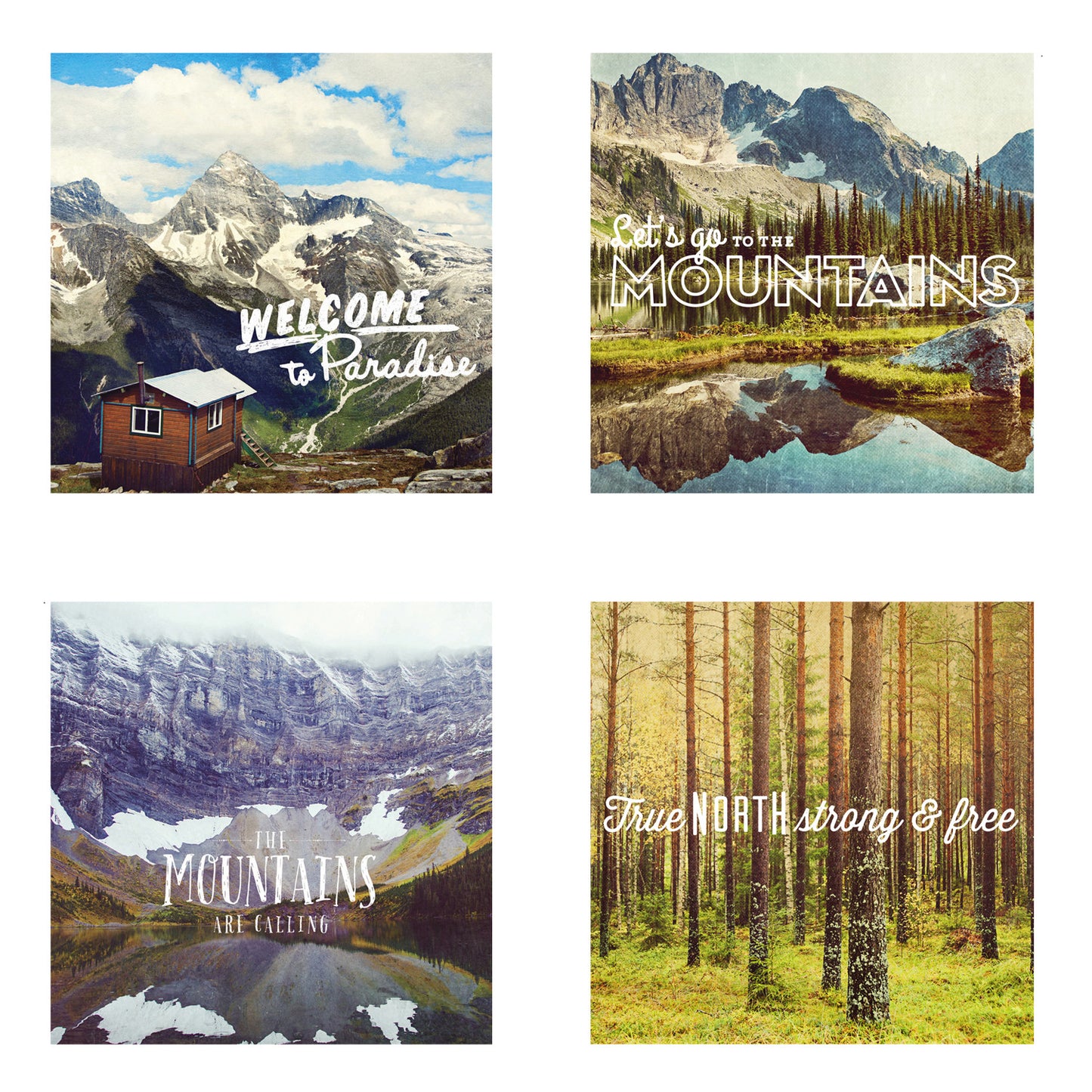 Juego de 4 mini imanes metálicos<br> Escenas de montaña inspiradas en postales