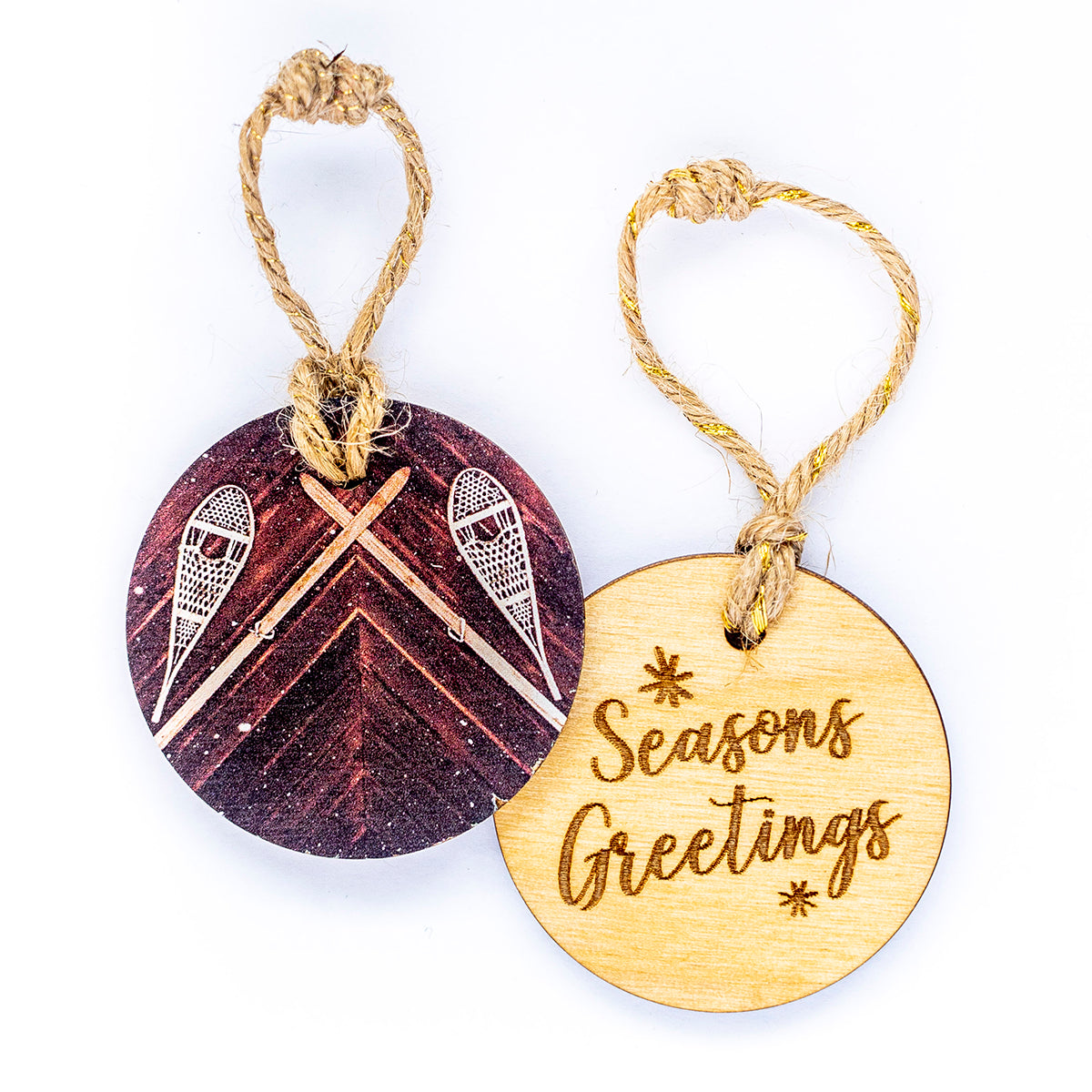 Circle Wooden Holiday Ornament <br> Seasons Greetings <br>Snowshoes