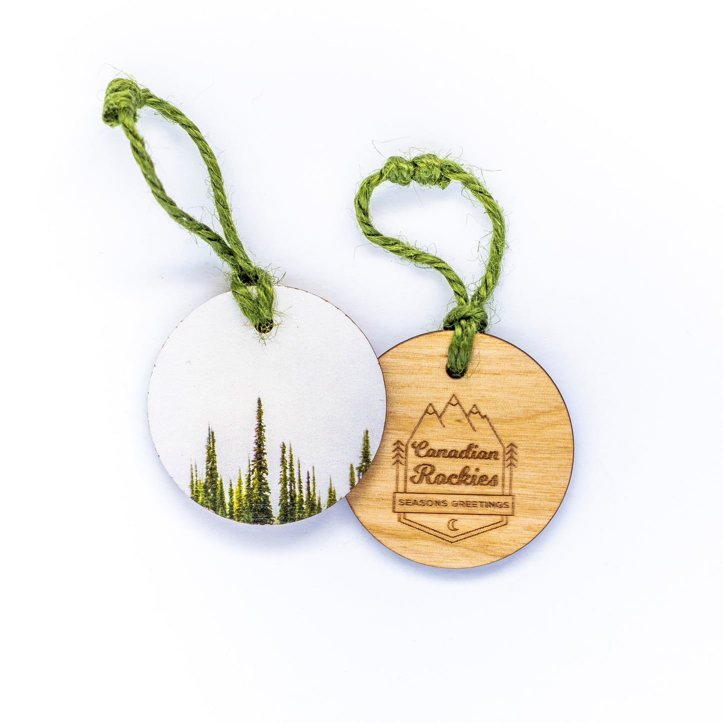 Circle Wooden Holiday Ornament  Canadian Rockies  Foggy Alpine Fir Trees