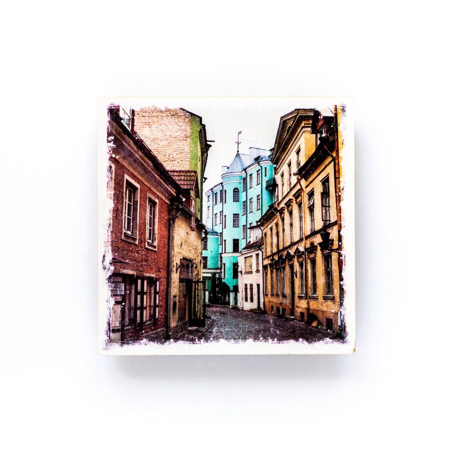 European Cobblestone Street Birch Wood Photo Coaster