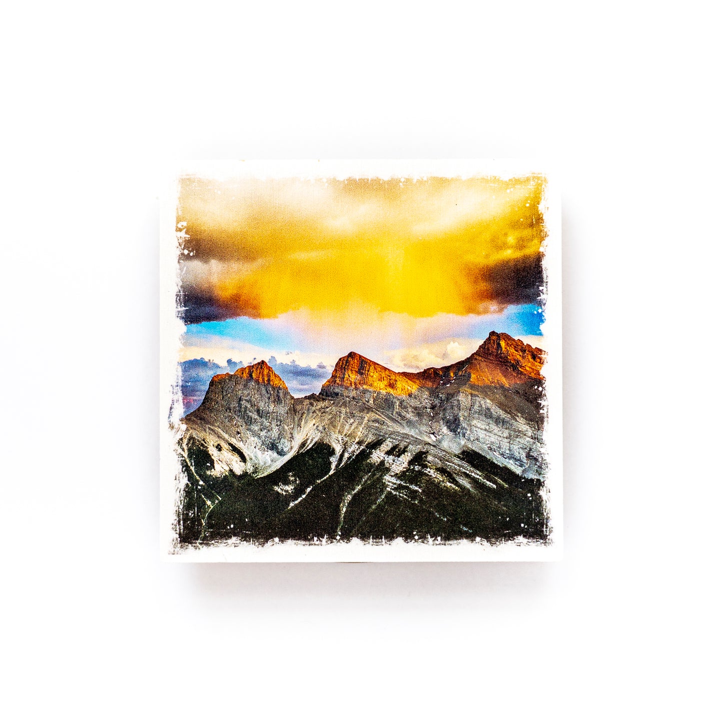 Three Sisters Mountains Birch Wood Photo Coaster