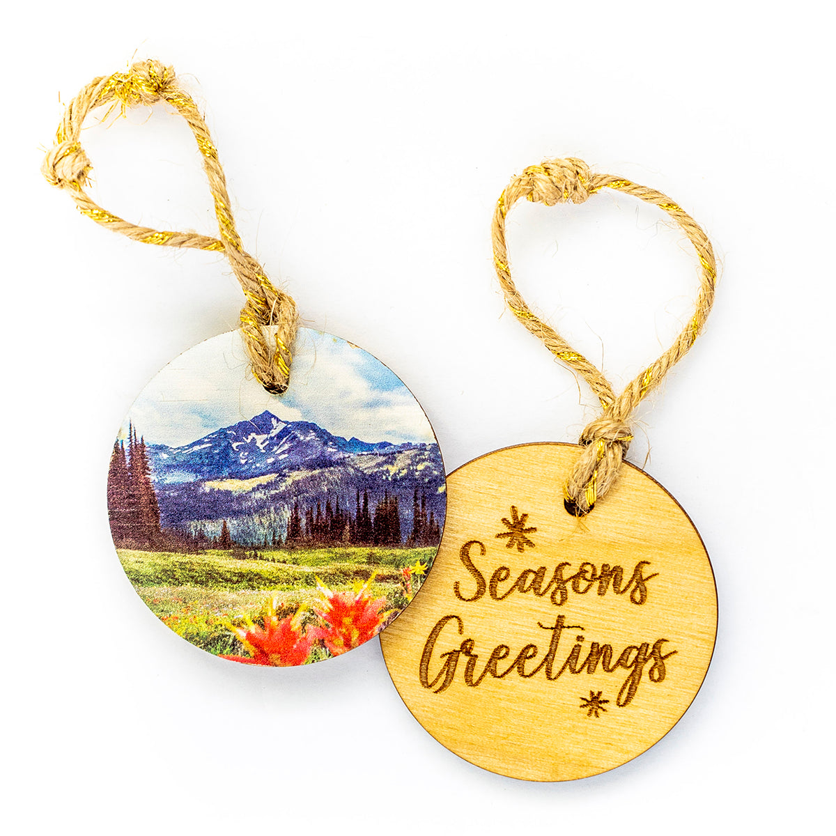 Adorno navideño circular de madera<br> Felices Fiestas<br> Flores silvestres en flor