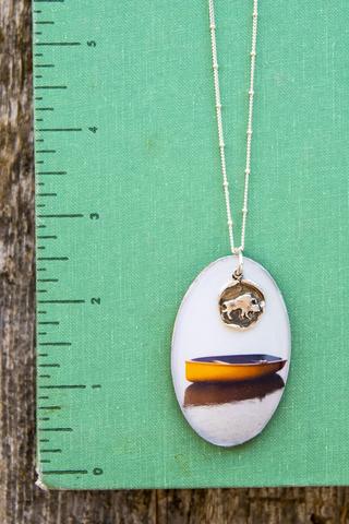 Wooden Photo Pendant <br> Orange Boat in Bay <br>  Bison Sterling Silver Charm<br>