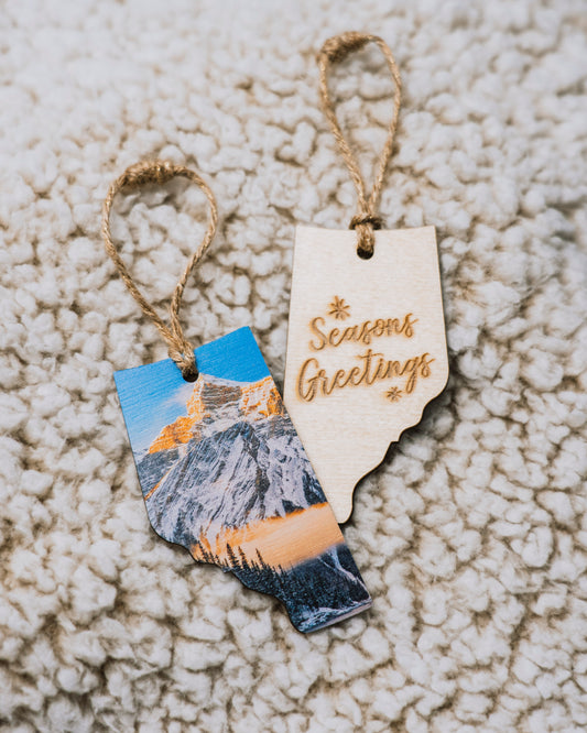 Alberta Wooden Holiday Ornament <br> Seasons Greetings <br Winter Sunrise