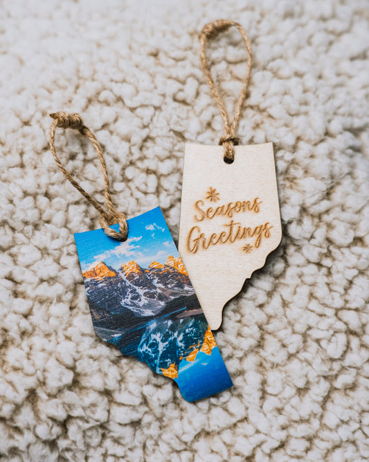 Alberta Wooden Holiday Ornament <br> Seasons Greetings <br>Moraine Lake