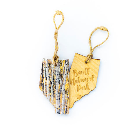CLEARANCE <br> Alberta Wooden Holiday Ornament <br> Banff National Park <br> Aspens in Autumn