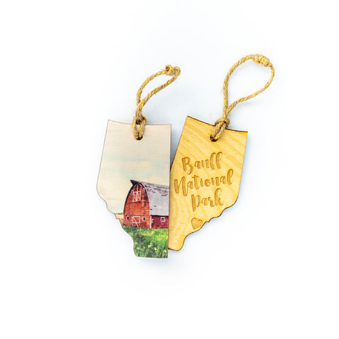 CLEARANCE <br> Alberta Wooden Holiday Ornament <br> Banff National Park <br>Red Barn