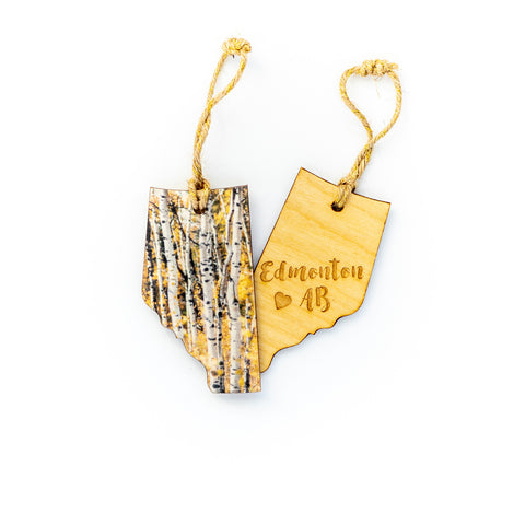 CLEARANCE <br> Alberta Wooden Holiday Ornament <br> Edmonton AB <br> Aspens in Autumn
