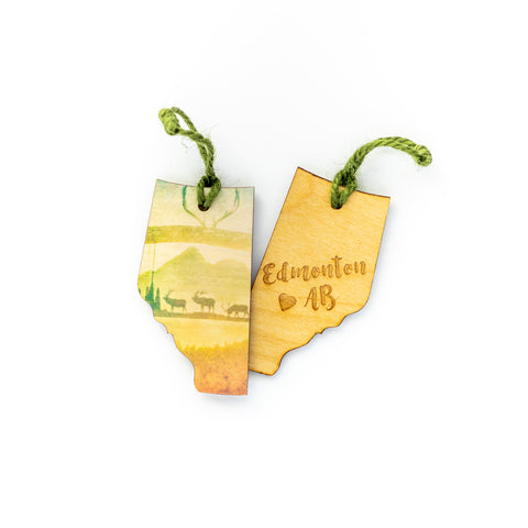 CLEARANCE <br> Alberta Wooden Holiday Ornament <br> Edmonton AB <br> Ranch at Sunset